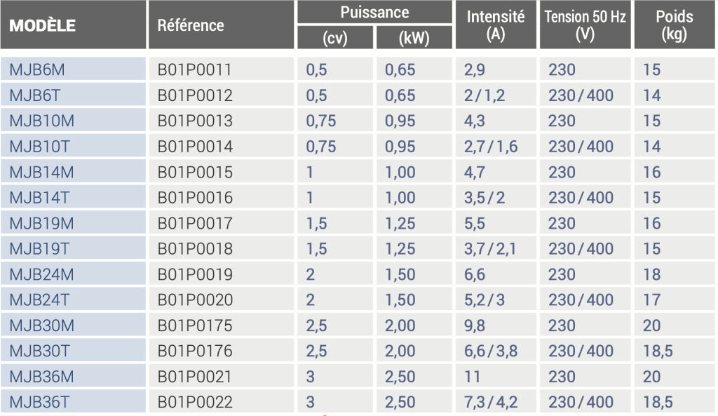 Especificaciones de las bombas de agua VIPOOOL MjB