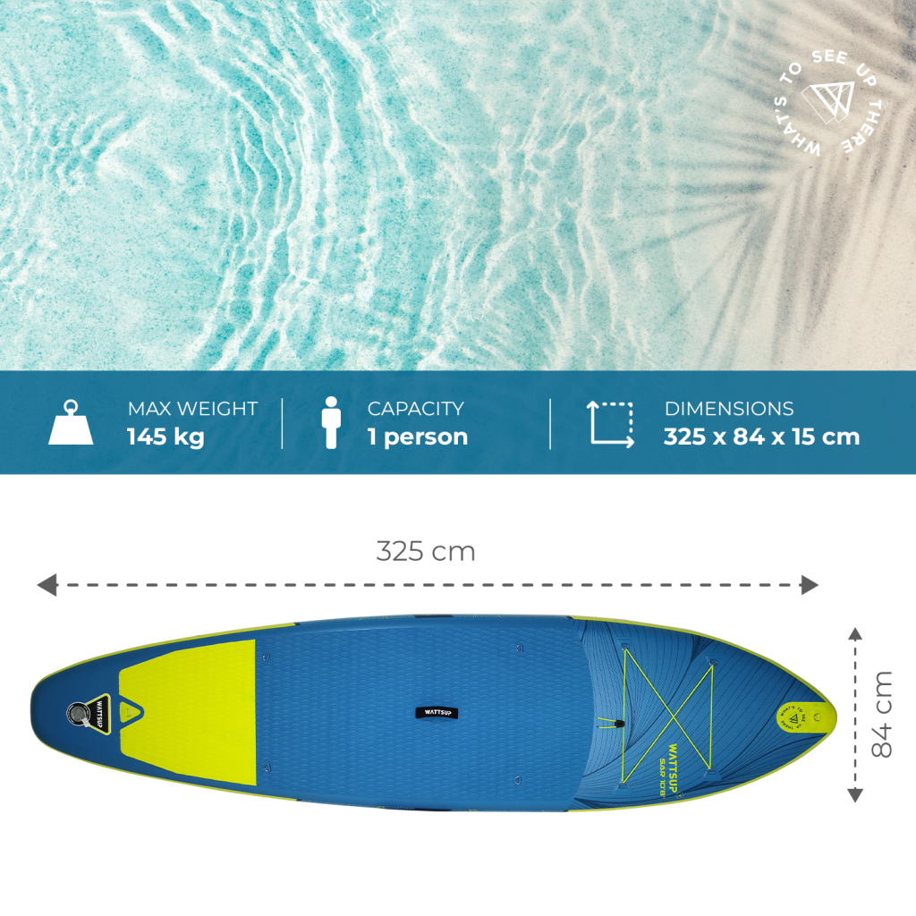 La Wattsup SAR 10'8 è una versatile tavola da paddle gonfiabile progettata per il cruising, il touring e le onde piccole. Le sue dimensioni sono 325 x 84 x 15 cm